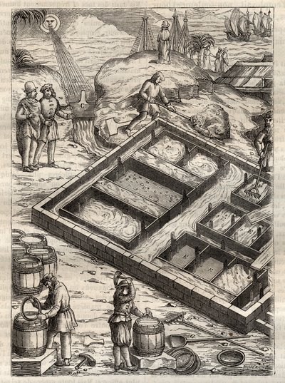 Producing salt by evaporating sea water in salt pans. From 