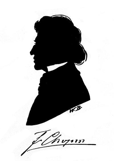 Profile silhouette of the Polish composer Frederic Chopin with autograph. 19th century by Unknown artist