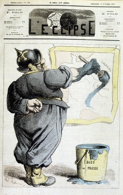 Prussian soldier tracing the borders of Alsace-Lorraine to the blue of Prussia - in 