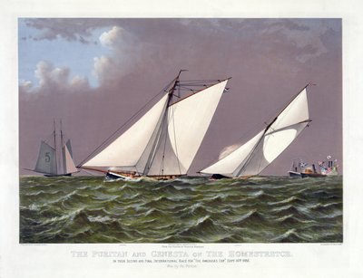 Puritan sailboats and Genesta during one of the America