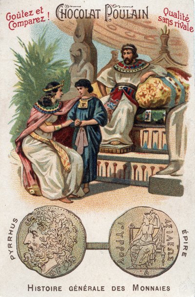 Pyrrhus I (or Pyrrhos) king of Epirus from 306 to 272 BC. In General History of Coins. Chocolate-foil chromolithography of the end of the 19th century. Private collection by Unknown artist