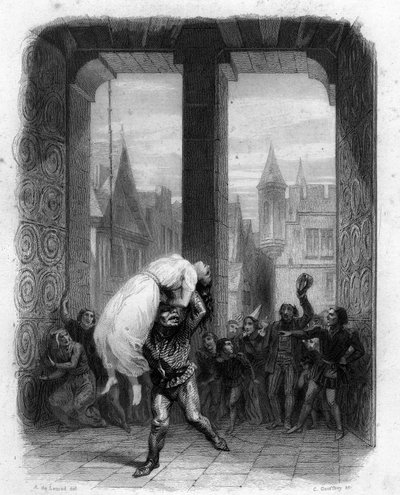 Quasimodo saving Esmeralda. Illustration of 1844 Notre Dame de Paris by Victor Hugo by Unknown artist