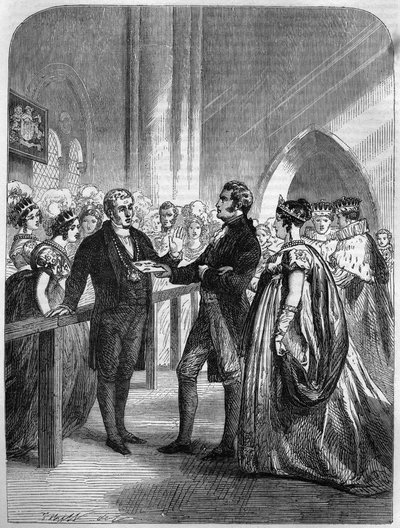 Queen Caroline (Caroline of Brunswick-Wolfenbüttel) repulsed from the door of Westminster Abbey 1820. Engraving. by Unknown artist
