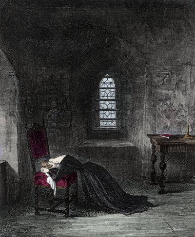 Queen Jane Grey is prisoner in the Tower of London. Lady Jane Grey, niece of King Henry VIII, was Queen of England for 9 days. Her cousin Mary claiming the throne, will have her imprisoned and executed for high treason. Engraving by Unknown artist