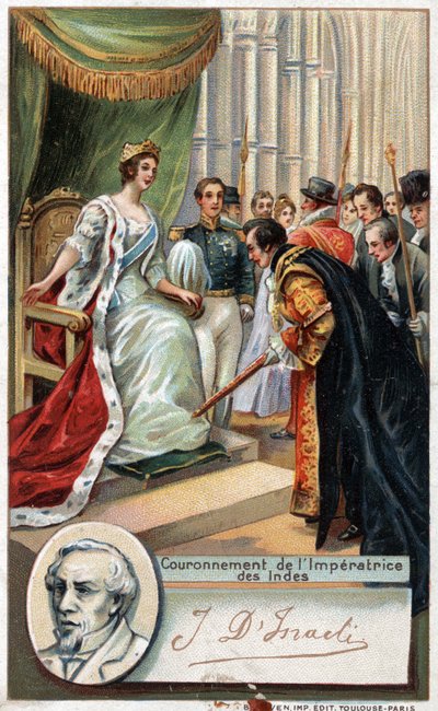 Queen of England Victoria crowned Empress of India 1877 with the support of Benjamin Disraeli. Chromolithography of the 19th century by Unknown artist