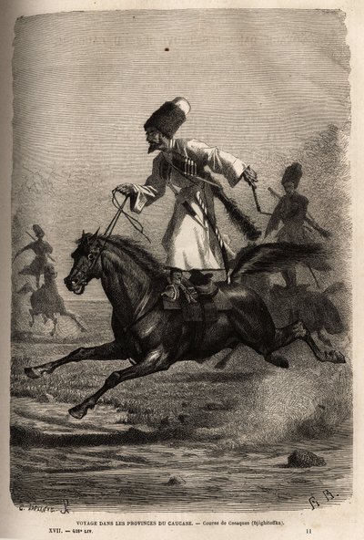 Race of Cossacks, climbs in balance standing on their saddle, riders whip their horses to make them gallop. Engraving to illustrate the voyage in the provinces of the Caucasus, by Basile Vereschaguine, in 1864-1865, published in Le tour du monde by Unknown artist