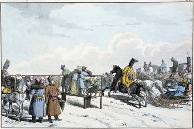 Race of tanks and horses in Russia - engraving by Unknown artist