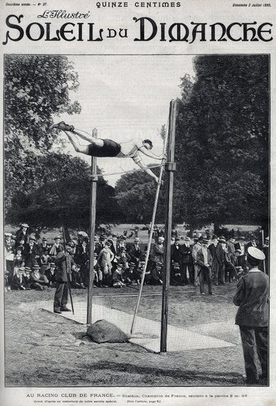 Racing club of France. Sheldon, champion of France, jumps 2.95 m to jump a la Perche. Engraving in Le sun-du-dimanche, July 2 by Unknown artist