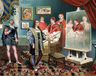 Raphael (Raffaello Sanzio) working on the portrait of Pope Leon X surrounds Cardinals Jules de Medicis (Giulio) (Pope Clement VII) by Unknown artist