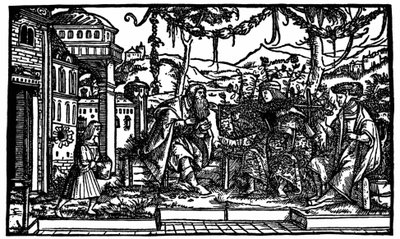 Raphaël Hythlodée, a traveller who spent five years in Utopia, tells Thomas More and Pierre Gilles about his journey. Xylography published in the edition of “Utopia” by Thomas More (1478 - 1535) of 1516. by Unknown artist