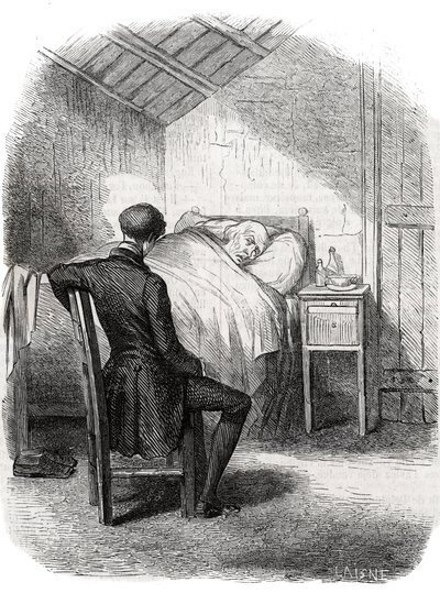 Rastignac remained alone near the old man, sitting at the foot of the bed... Engraving mid 19th century. Illustration for “The Father Goriot” by Honore de Balzac (1799-1850). by Unknown artist