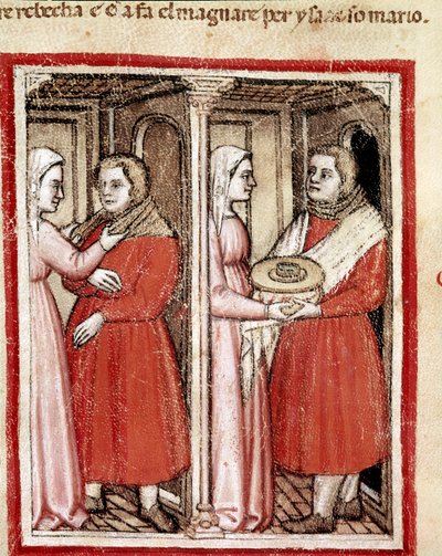 Rebecca gives her son Jacob a plate of kid meat to take to his blind father Isaac and receive his blessing instead of Esau (Detail) by Unknown artist