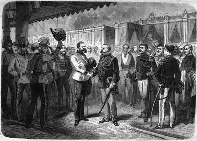Reception of the King of Italy Vittorio Emanuele II (Victor Emmanuel) (1820-1878) by the Emperor of Austria Francois Joseph I (1830-1916) in Vienna in 1873. Engraving in 