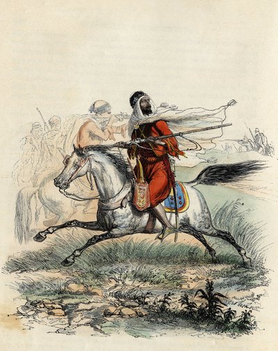 Red horsemen of Emir Abd-el-Kader fled by hunters on horseback of the French army at Oran in 1841, in 