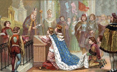 Relation of Brittany to France: Louis XII (1462-1515) married Anne de Bretagne (1477-1514). Their marriage reunited Brittany with France (1499). Chromolithography of the late 19th century. by Unknown artist