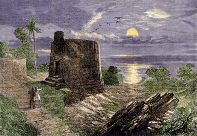 Religion of the Farsis: the funeral ritual consists in placing the bodies of the deceased in a tower, the Tower of Silence, where they are devoured by vultures. Malabar region by Unknown artist