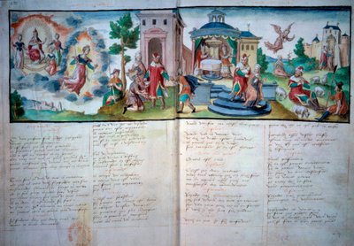 Religious Theatre: Passion and Resurrection played in Valenciennes in 1547. Manuscript page with watercolor by Unknown artist