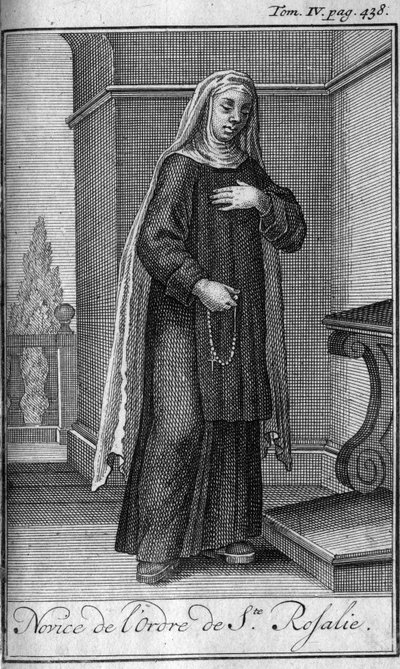 Religious order. Novice of the Order of St. Rosalia in Palermo in Sicily in the 17th century. In History of military orders or knights, of the secure and routine militias of both sexes, which have been established until now. Edition taken from Abbe Gius by Unknown artist