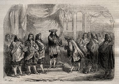Rene Duguay Trouin (1673-1736) receiving the cross of Saint-Louis from the hands of King Louis XIV - engraving in 