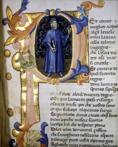 Representation in a lettrine of the poet Dante Alighieri, miniature 14th century by Unknown artist