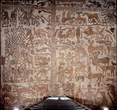 Representation of Alexander the Great (356-323 BC), king of Macedonia and conqueror of Persia, surrounds Indian fauna during the conquest of India and the Hellenistic deluge on the right, on the left the construction of the Tower of Babel. Pavement of Pant by Unknown artist