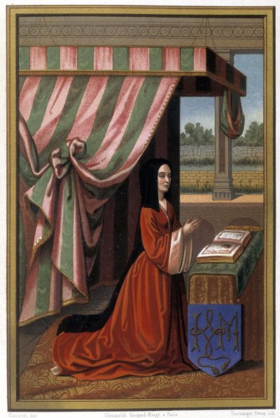 Representation of Anne de France known as Anne de Beaujeu (1461-1522) in prayer. She is the daughter of Louis XI and Charlotte de Savoie. Chromolithography after illumination by Unknown artist
