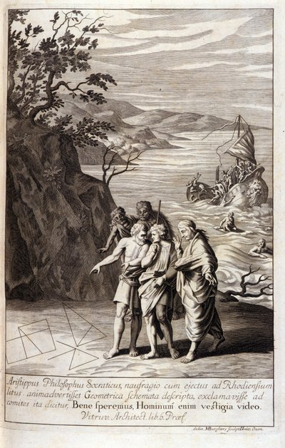 Representation of Aristipus of Cyrene, Greek philosopher disciple of Socrates, after the shipwreck that threw him on the coast of Rhodes, he discovers geometric traces on the sand. Engraving from Book XV of Euclid