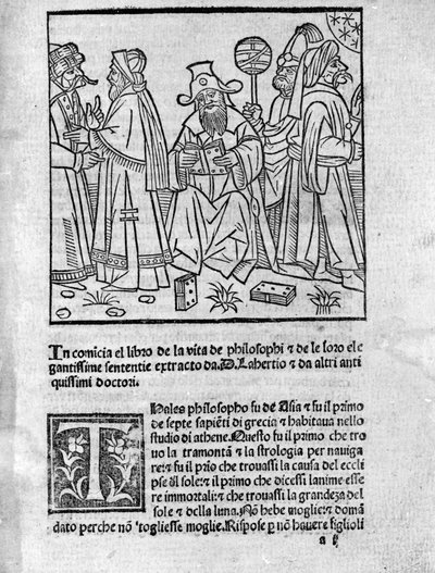 Representation of Diogene Laerce (120-240) (centre) surrounds various thinkers and philosophers. Page taken from 
