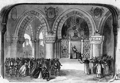 Representation of Don Carlo Opera in 5 acts by Giuseppe Verdi at the Paris Opera on 11 March 1867. Scene of the 5th act: Monastery of St. Juste, apparition of Charles V. Engraving from 1867 by Unknown artist