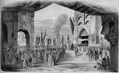 Representation of Don Carlo (Don Carlos) Opera in 5 acts by Giuseppe Verdi at the Paris Opera on 11 March 1867. The car da fe, 3rd act, decor of Cambon and Thierry. Engraving from 1867. by Unknown artist