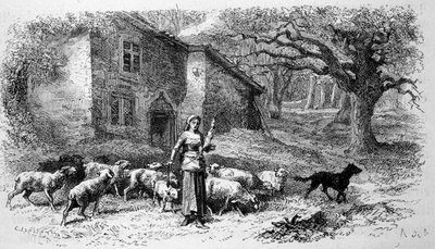 Representation of Joan of Arc when she was still a young shepherdess in Domremy. Engraving. 19th century by Unknown artist