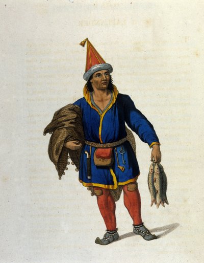 Representation of an indigenous Sami (living in the territories of Norway, Sweden, Russia, Finland) returning from fishing. Engraving of the 19th century by Unknown artist