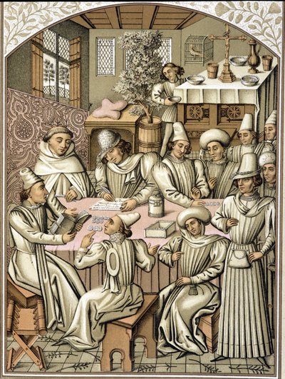 Representation of civil servants in the 14th century. Chromolithograph from the book of accounts of the confraternity 