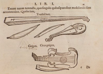 Representation of string instruments and archer. Page taken from Musurgia practical manual of music by Unknown artist
