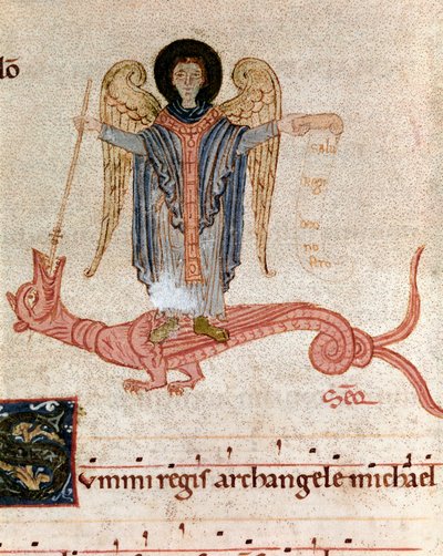 Representation of the Archangel Saint Michael and the dragon. Miniature from a gradual antiphonary (12th century) Plaisance, Biblioteca Capitolare by Unknown artist