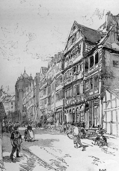 Representation of the Jewish Street in Frankfurt, Birthplace of the Rothschild Family. Engraving in 