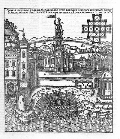 Representation of the Seven Wonders of Antiquity: the Mausoleum of Halicarnassus which was located on the Aegean Sea in southwestern Turkey. Engraving in “De Architectura” by Vitruvius (1st century BC) - edition by Gottardo da Ponte, Como by Unknown artist