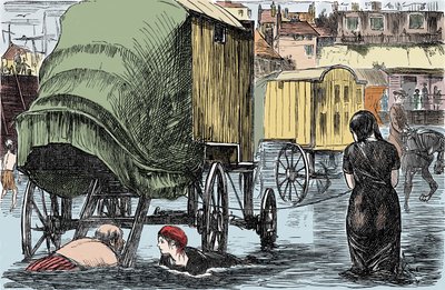 Representation of the bath cabin invented in 1750 by Benjamine Beale: women inside access the sea directly from this horse-drawn wagon. Humorous drawing from Punch Magazine 1870 by Unknown artist