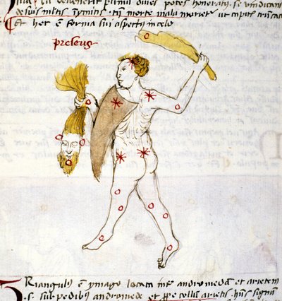 Representation of the constellation of Bouvier (Bootes). The hunter Bootes holds the hair of Berenices in his hand. Miniature from “Astronomica” by Biasino da Parma (Blaise de Parma) (1425-1457) by Unknown artist
