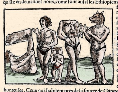 Representation of the monsters described by Amerigo Vespucci (1451-1512): from left to right: a manopod, a cyclops, a man with two heads, a man without a head and a man with a dog