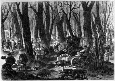 Restoration works in the Tuileries Garden in Paris. Engraving in 
