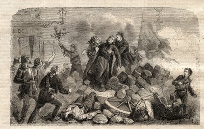 Revolution 1848: The Archeveque Monsignor Denis Affre (1793-1848) on the Barricade Faubourg Saint Antoine in Paris 26/06/1848 (Do o mon dieu que mon sang soit le dernier verse) (Death Denis Affre Archbishop of Paris of the barricade at the entrance to t by Unknown artist
