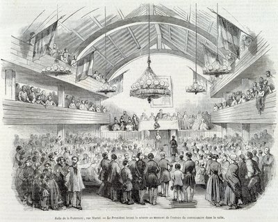 Revolution of 1848: Brotherhood Hall, Rue Martel, the President adjourned the sitting at the entrance of the Commissioner in the room by Unknown artist