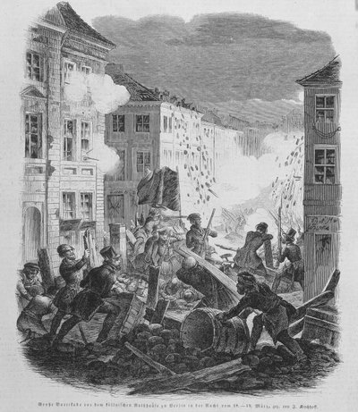 Revolution of March 1848: barricade in Berlin on 19/03/1848. Frederic William IV of Prussia will be led to accept reunification and a liberal government. by Unknown artist