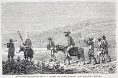 Richard Francis Burton, British explorer, and his companions in Africa. Drawing illustrating the article 