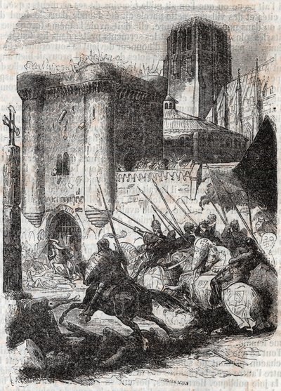 Rodomont breaks the doors of the Palais in Paris - engraving of 1851 from 