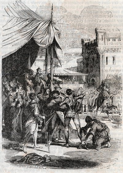 Roger (Ruggero, Ruggiero) defies in battle by Rodomont (Rodomonte) - engraving of 1851 from Furious Roland (Orlando furioso) (16th century) by Ludovico Ariosto, known as the Ariosta - Edition translated from Italian by the Count of Tressan and published by Unknown artist