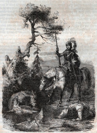 Roger (Ruggero, Ruggiero) makes use of the enchanting shield - engraving of 1851 from Furious Roland (Orlando furioso) (16th century) by Ludovico Ariosto, known as the Ariosta - Edition translated from Italian by the Count of Tressan and published by by Unknown artist