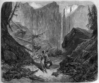 Roland blowing in his horn at the Battle of Roncesvaux on 15 August 778. Drawing by Alphonse de Neuville for the opera 