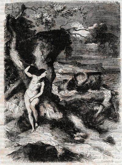 Roland delivers Olympe - engraving of 1851 from Roland furieux (Orlando furioso) (16th century) by Ludovico Ariosto, known as the Ariosta - Edition translated from Italian by the Count of Tressan and published by Gustave Harvard 1851 by Unknown artist